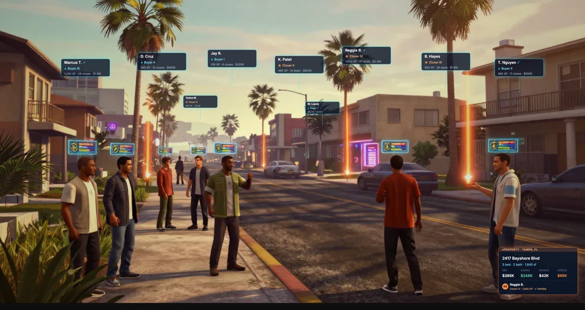 Miami street scene with multiple characters and nameplates