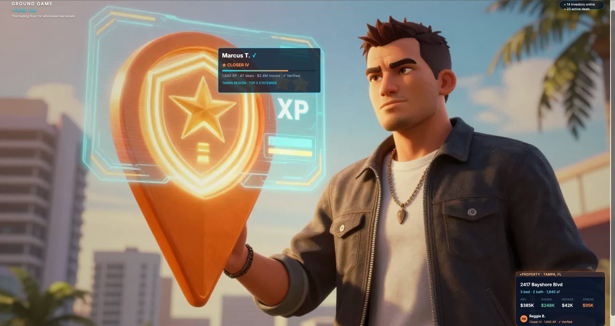 Ground Game character holding a glowing map pin