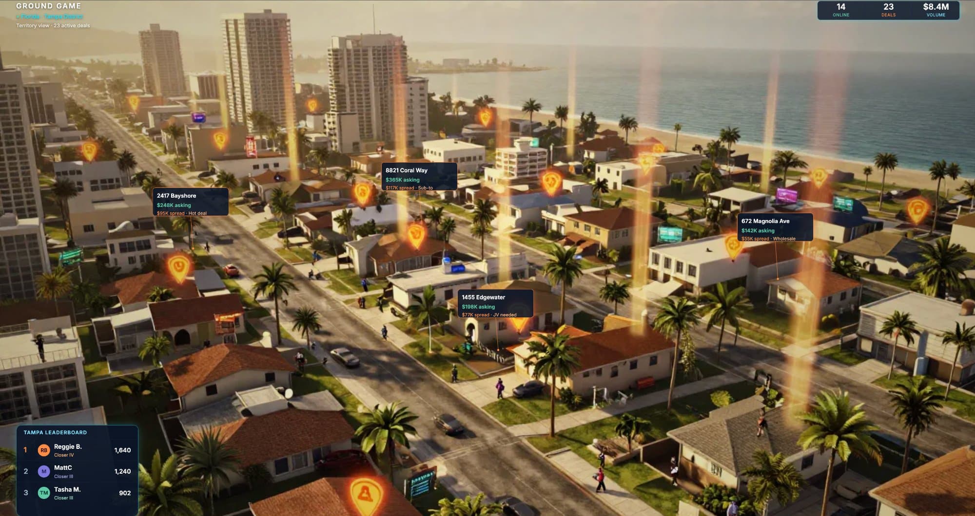 Aerial view of Florida neighborhood with glowing property pins